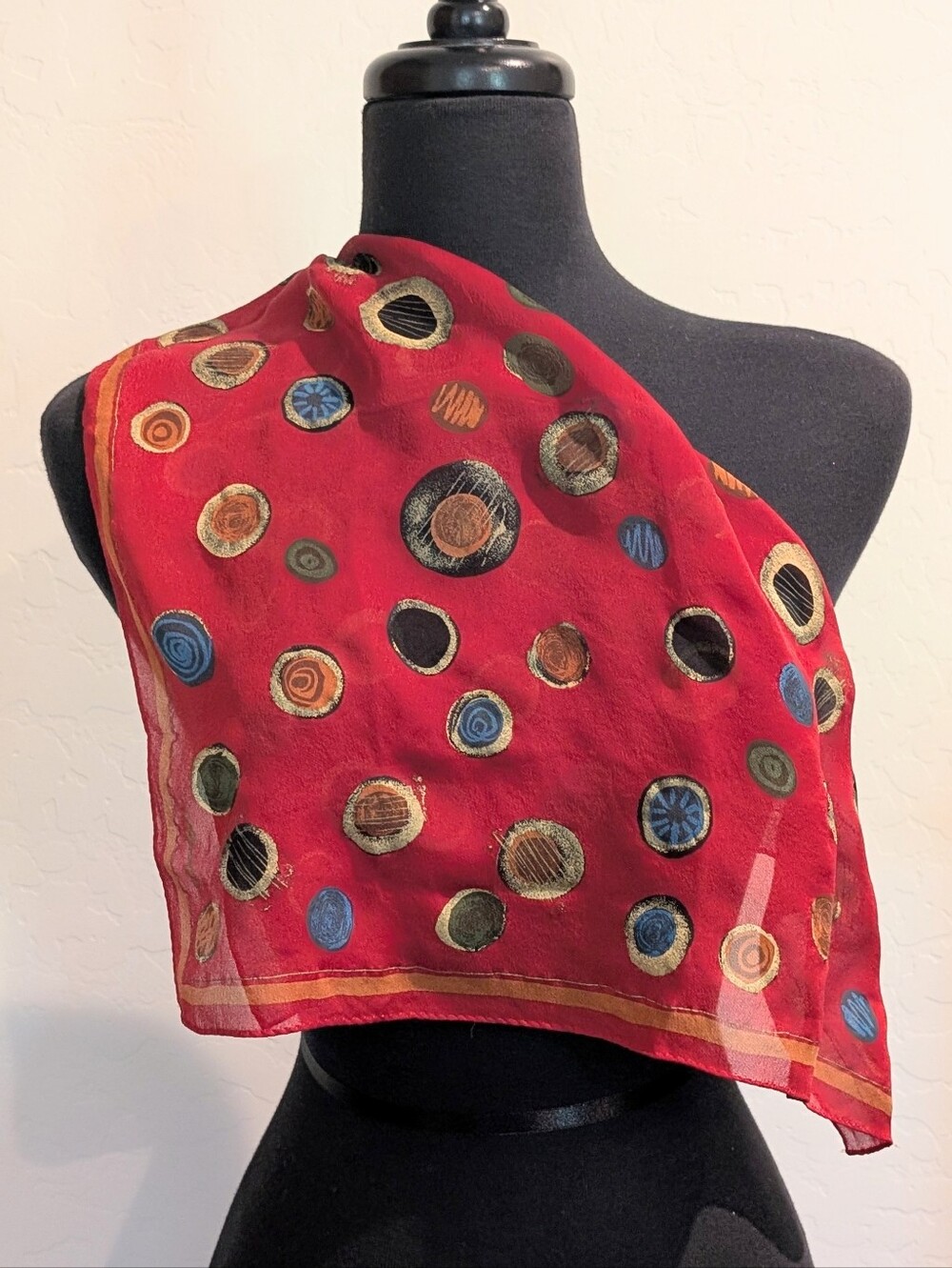 Red Silk Scarf with Multicolor Circle Motif
